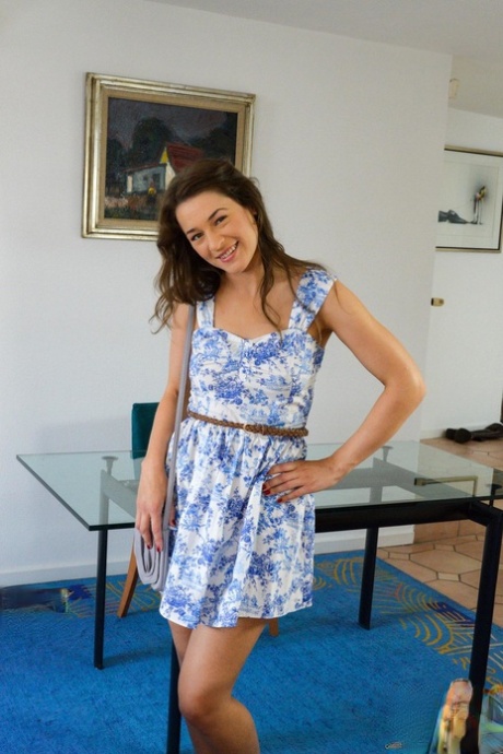 Cute student Savannah hikes dress to spread very hairy pussy in casting shoot